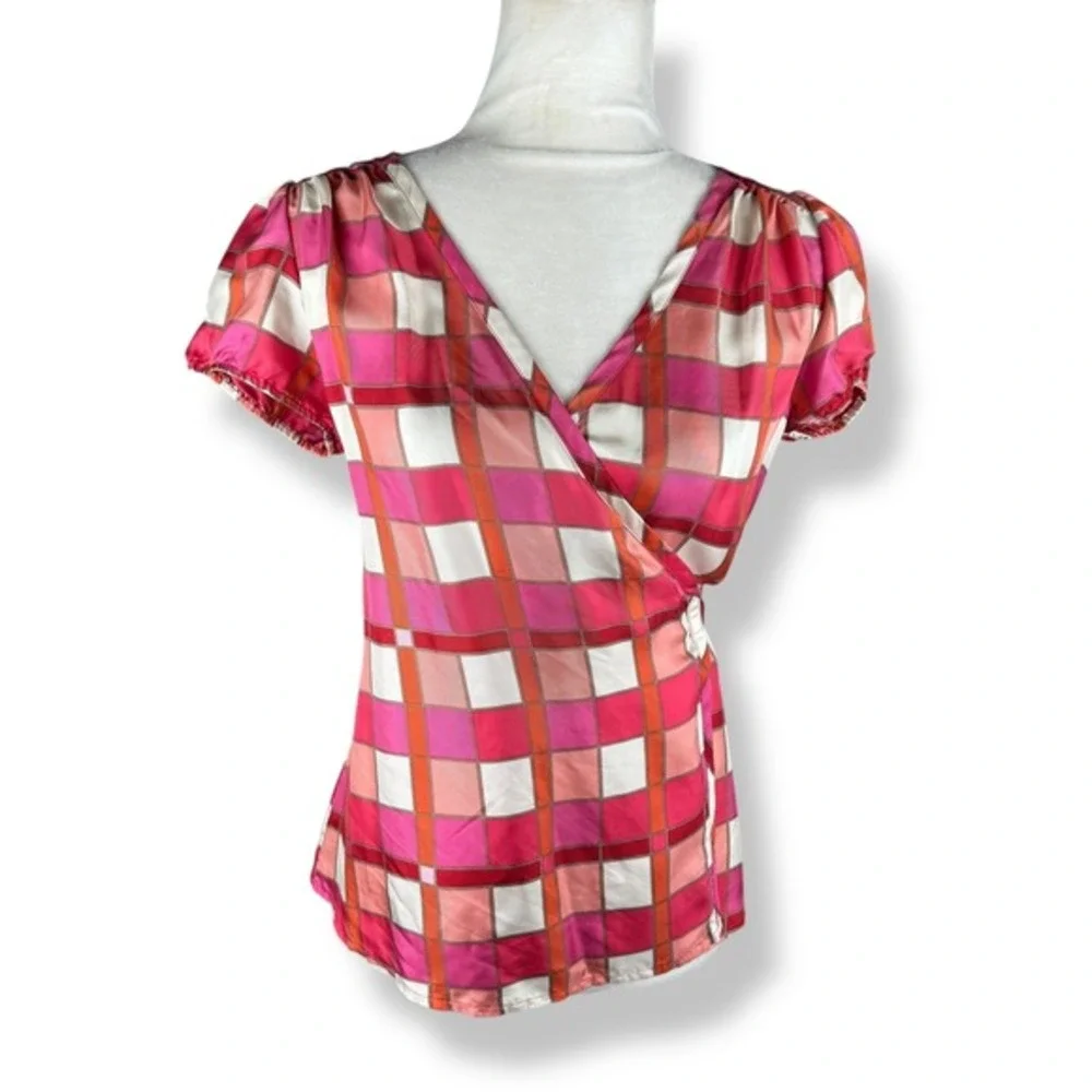Banana Republic 100% Silk Wrap Top‎ Womens Size XS Y2K Retro Geometric Plaid